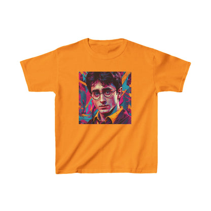 Kids Harry Potter Heavy Cotton Tee in bright orange with an artistic graphic, ideal for expressing a love for magic.