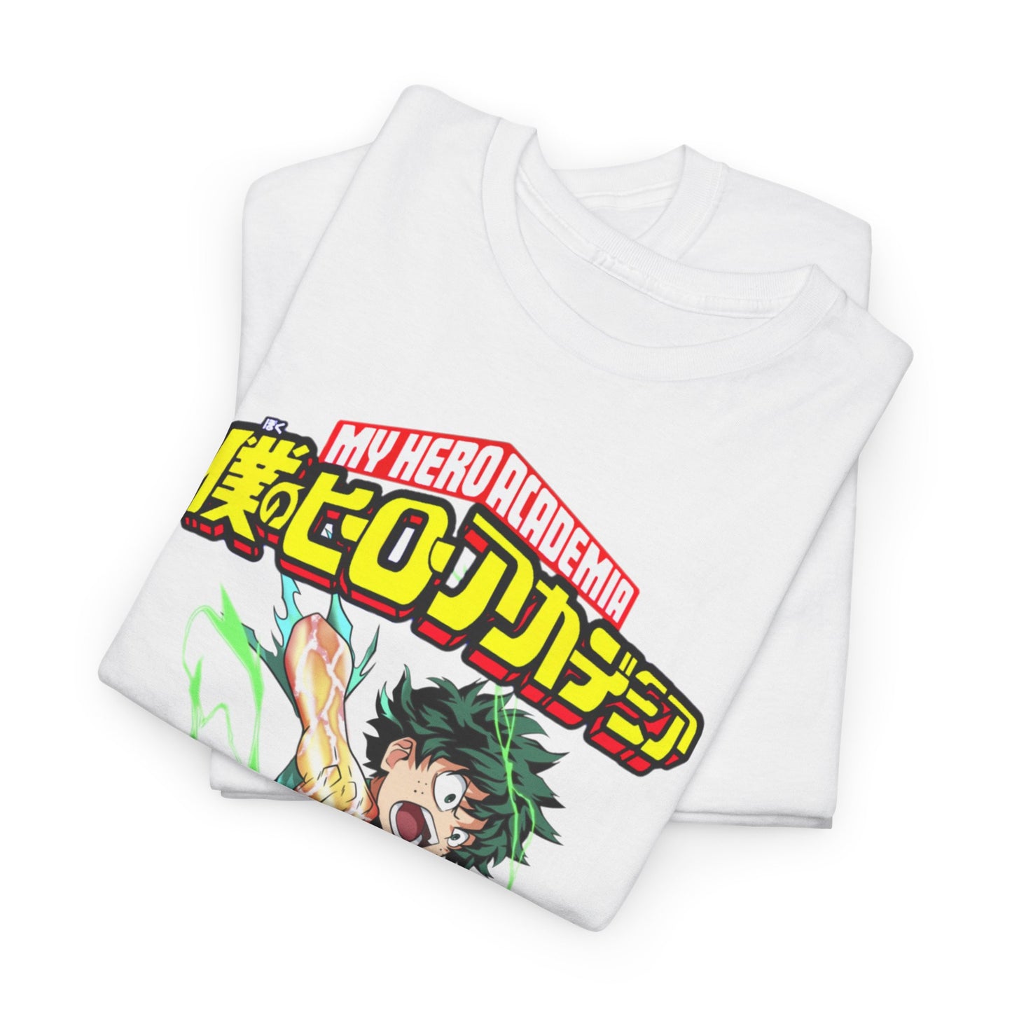 Stylish stacked view of premium white Izuku Midoriya T-shirts, adorned with striking My Hero Academia graphics, ideal for fashion-forward anime enthusiasts.