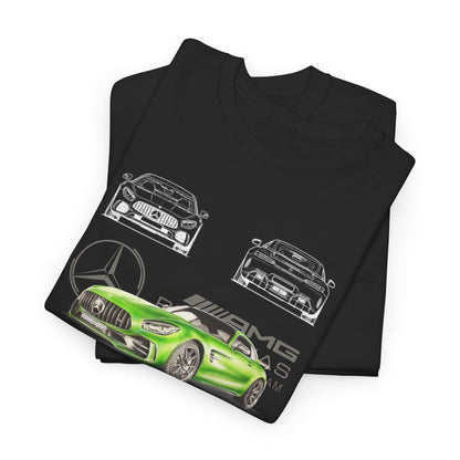 Folded black t-shirts showcasing the stunning design of the Mercedes-AMG GT-R in green, ideal for casual yet stylish wear.