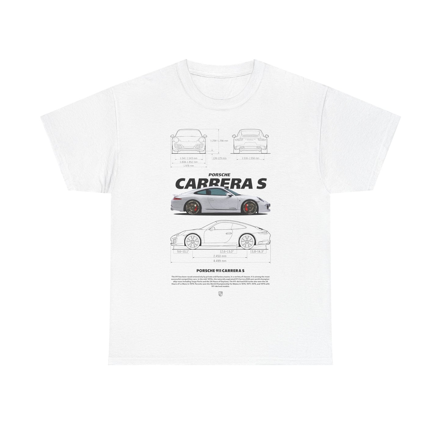 Luxury Porsche 911 Carrera S T-shirt in white, featuring intricate design illustrations of the iconic car, showcasing technical specs and stylish typography. Ideal for automotive enthusiasts.