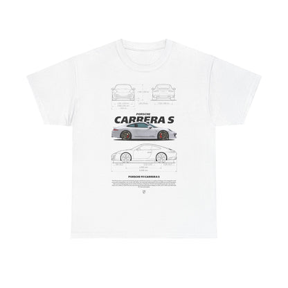 Luxury Porsche 911 Carrera S T-shirt in white, featuring intricate design illustrations of the iconic car, showcasing technical specs and stylish typography. Ideal for automotive enthusiasts.