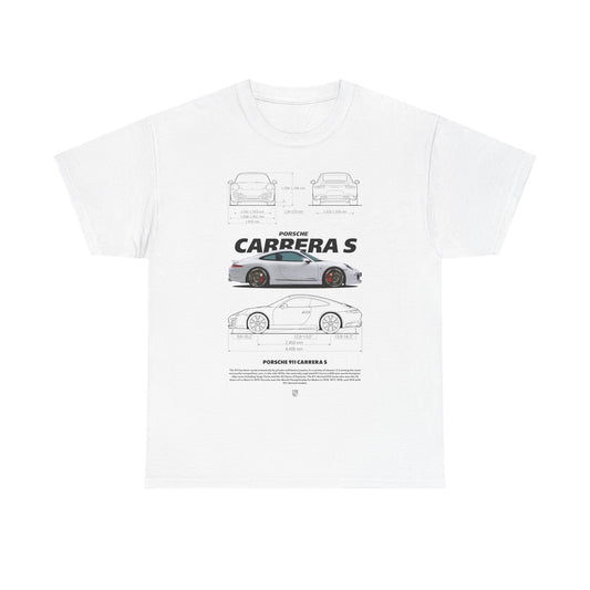 Luxury Porsche 911 Carrera S T-shirt in white, featuring intricate design illustrations of the iconic car, showcasing technical specs and stylish typography. Ideal for automotive enthusiasts.