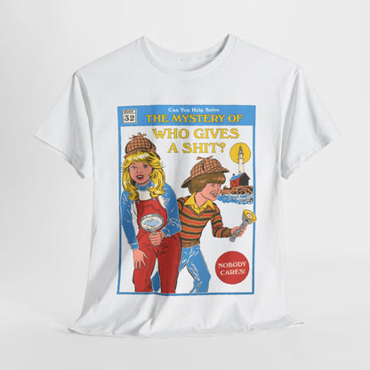 Stylish unisex graphic t-shirt featuring a vintage book cover design with the title 'The Mystery of Who Gives a Shit?' showcasing two child detectives ready for an adventure.