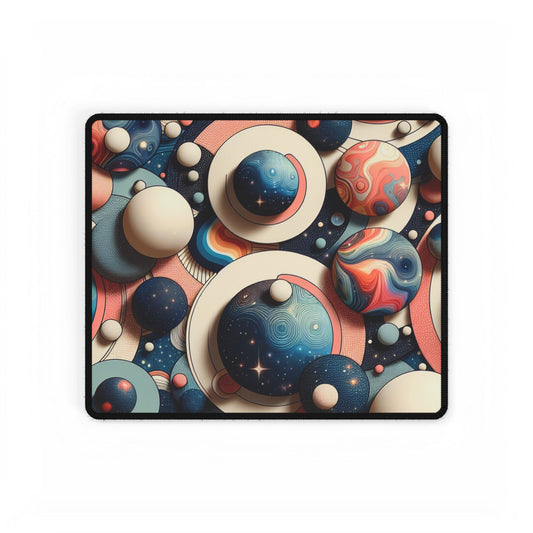 Stellar Nebulous Desk Mat showcasing a beautifully detailed cosmic pattern of planets and celestial elements, perfect for a sophisticated office aesthetic.