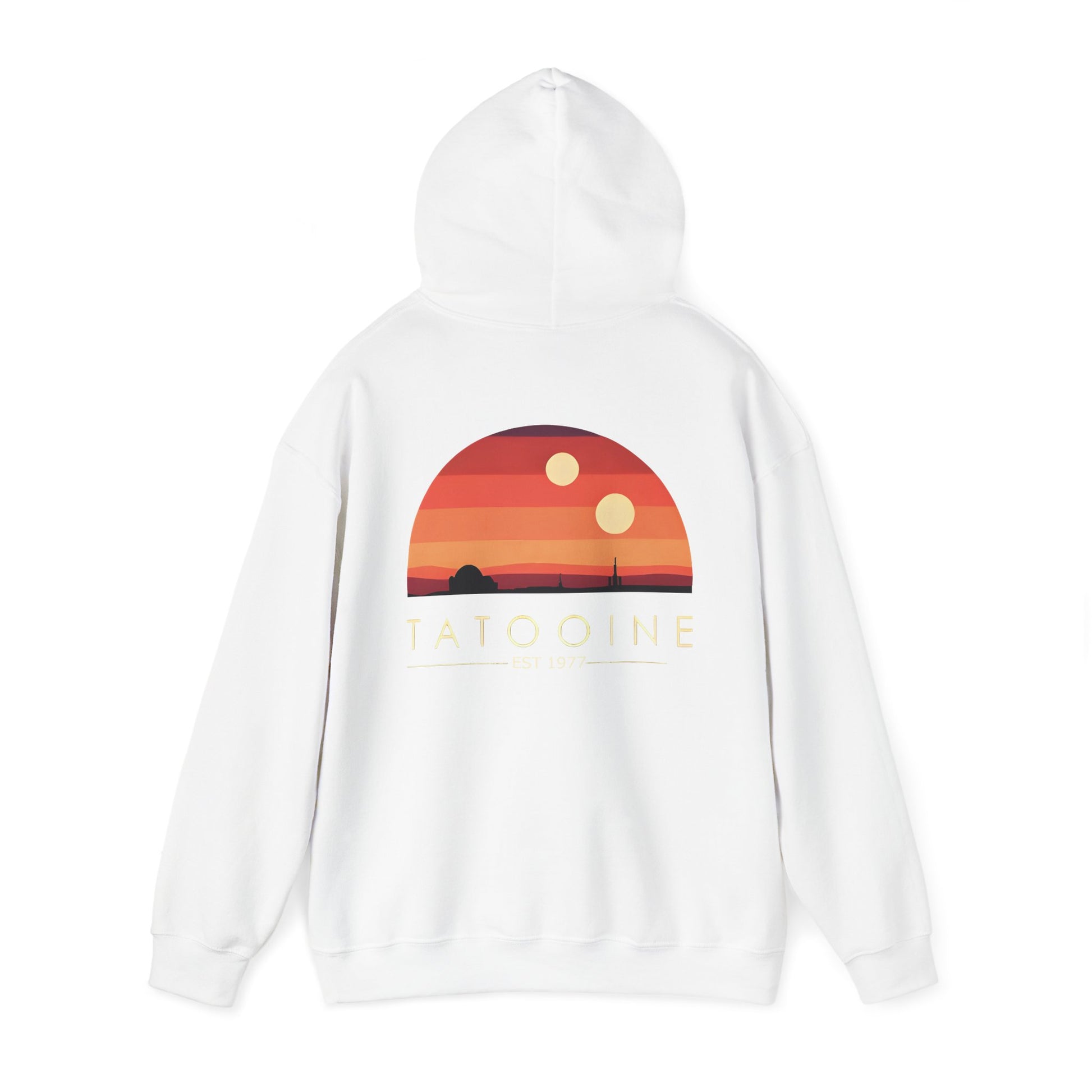 Detail of the Tatooine sunset design on the back of the hoodie, featuring bold colours and intricate celestial elements.