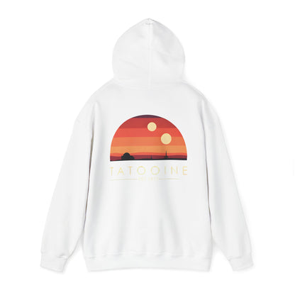 Detail of the Tatooine sunset design on the back of the hoodie, featuring bold colours and intricate celestial elements.