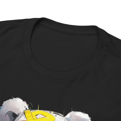 Close-up of the neckline of a premium black t-shirt featuring a unique panda design, reflecting urban street style.