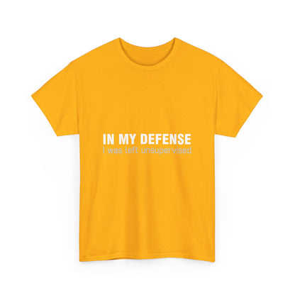 Stylish front view of the 'In My Defence I Was Left Unsupervised' Graphic T-Shirt in striking yellow, featuring a bold, artistic statement perfect for casual fashion.