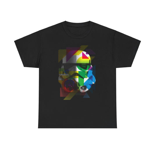 Stylish black t-shirt featuring a colourful Stormtrooper helmet graphic, designed for both men and women, blending humour with modern artistry.