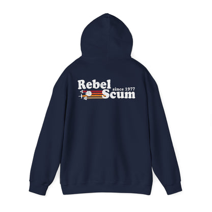 Sophisticated navy blue Rebel Scum hoodie with a distinct retro aesthetic, displaying the phrase 'Rebel Scum since 1977' amidst vibrant graphic elements, ideal for a chic casual look.