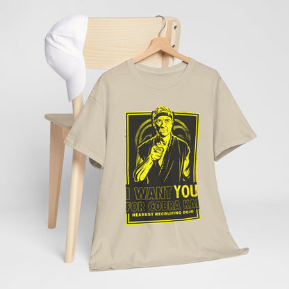 Chic T-shirt elegantly hung alongside a stylish cap, showcasing the iconic 'I Want You for Cobra Kai' design.