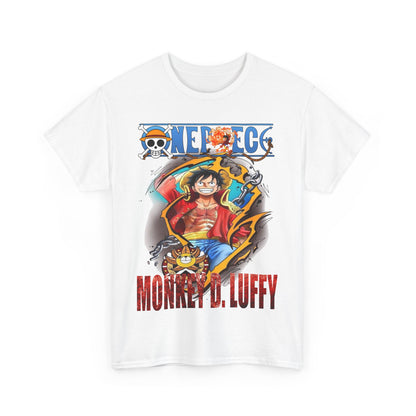 Artistic front view of Monkey D. Luffy T-Shirt in white, featuring bold graphics and artistic elements, suited for stylish anime appreciators.