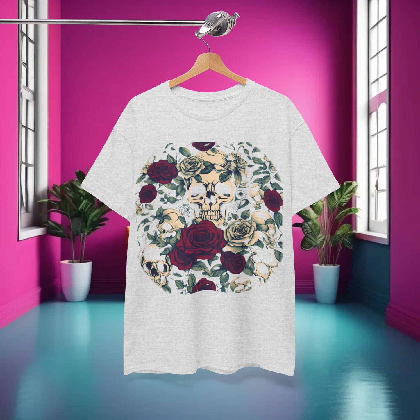 Skulls and Roses Cotton Tee, Unisex Graphic Shirt, 7 color choice