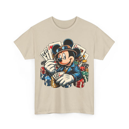 Front view of the Mickey Mouse Poker Graphic Tee showcasing a sophisticated casino-inspired graphic, with Mickey Mouse dressed as a poker player surrounded by vibrant poker chips.