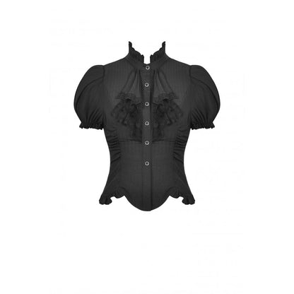 Dark In Love Sinead Black Blouse elegantly styled with puff sleeves and a delicate ruffle collar, exuding sophistication and charm.