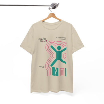 Luxurious unisex Squid Game graphic t-shirt featuring a contemporary design with 'Glass Stepping Stones' motif, elegantly hanging against a minimalist backdrop.