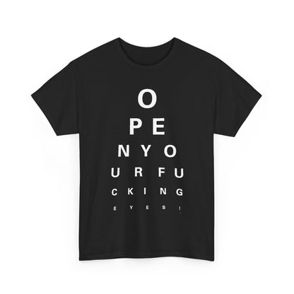 Chic Unisex Cotton T-shirt with a playful eye chart graphic, showcasing the phrase 'Open Your Eyes' in striking white text, ideal for adding a touch of individuality to any wardrobe.