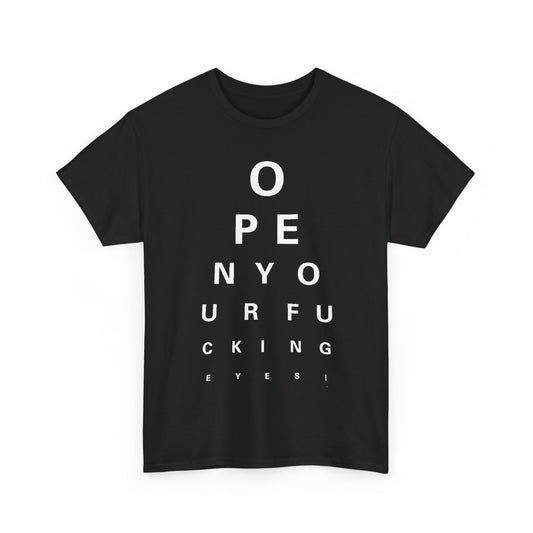 Chic Unisex Cotton T-shirt with a playful eye chart graphic, showcasing the phrase 'Open Your Eyes' in striking white text, ideal for adding a touch of individuality to any wardrobe.