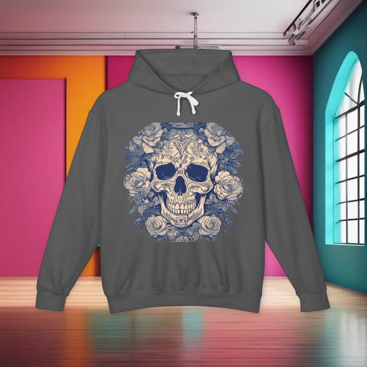 Unisex Lightweight Hooded Sweatshirt unique designer skull and roses