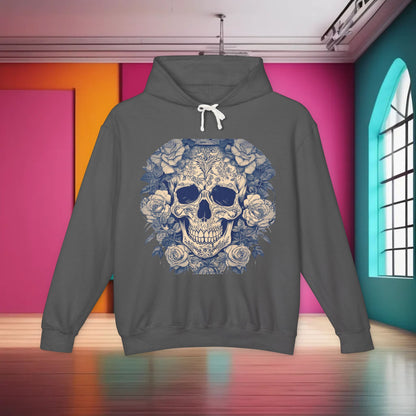 Unisex Lightweight Hooded Sweatshirt adorned with a striking skull and roses illustration, set within a contemporary and vivid interior.
