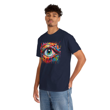 Modern Visionary Drip Luxe Tee worn by a model, showcasing a captivating eye graphic in vibrant colours, a statement piece for the fashion-forward individual.