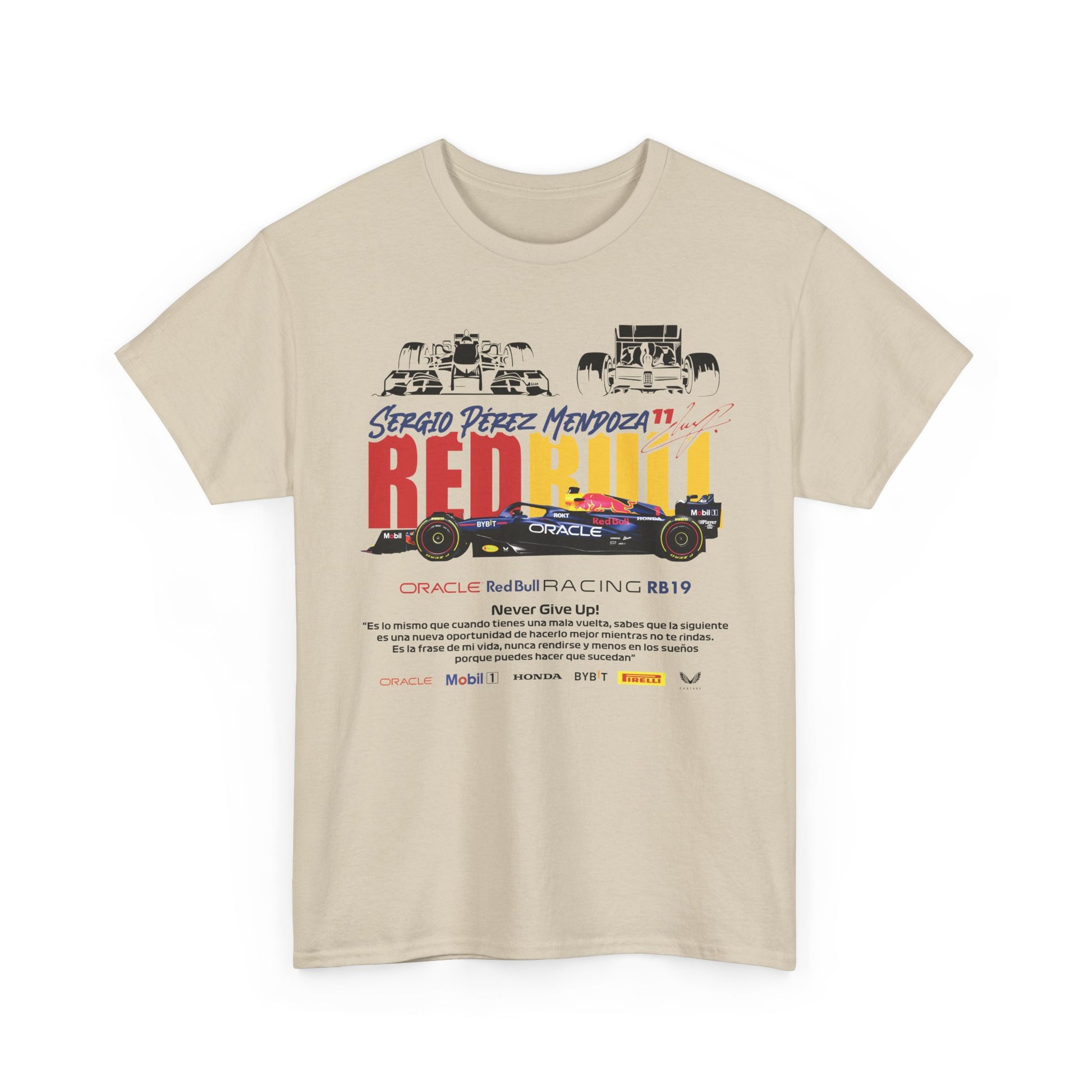 Stylish front view of the beige Red Bull Racing RB19 men's t-shirt adorned with vibrant graphics and the name of Sergio Pérez, encapsulating the spirit of Formula 1.