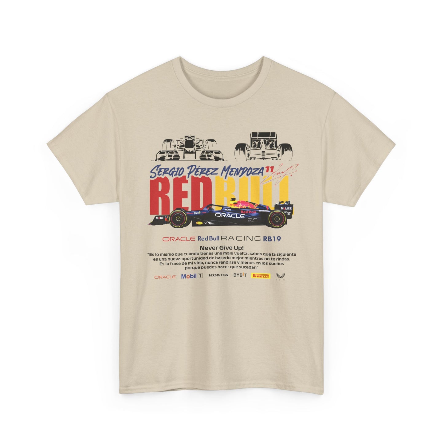 Front view of a sophisticated light beige men's t-shirt adorned with a vibrant Red Bull Racing RB19 graphic and motivational quote.