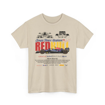 Front view of a sophisticated light beige men's t-shirt adorned with a vibrant Red Bull Racing RB19 graphic and motivational quote.