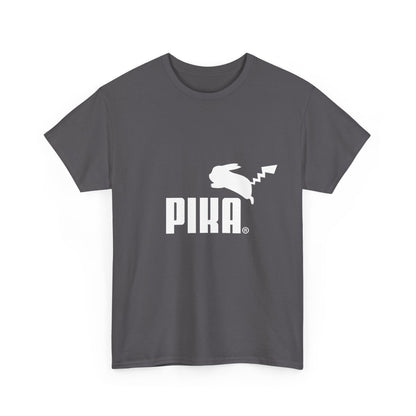 Front view of the elegant Pokemon Character Puma Logo Graphic T-Shirt featuring a minimalist Pika motif, ideal for urban style.