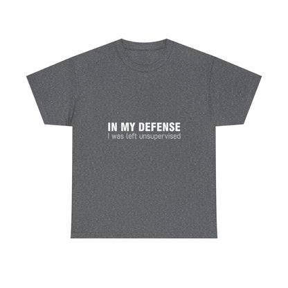 Stylish Urban Graphic T-Shirt in grey, showcasing the phrase 'In My Defence I Was Left Unsupervised' for a chic casual look.