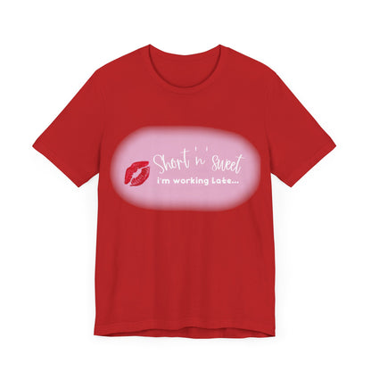 Front view of the Sabrina Carpenter Inspired Unisex Short Sleeve Tee, elegantly adorned with a playful lipstick graphic and stylish text.