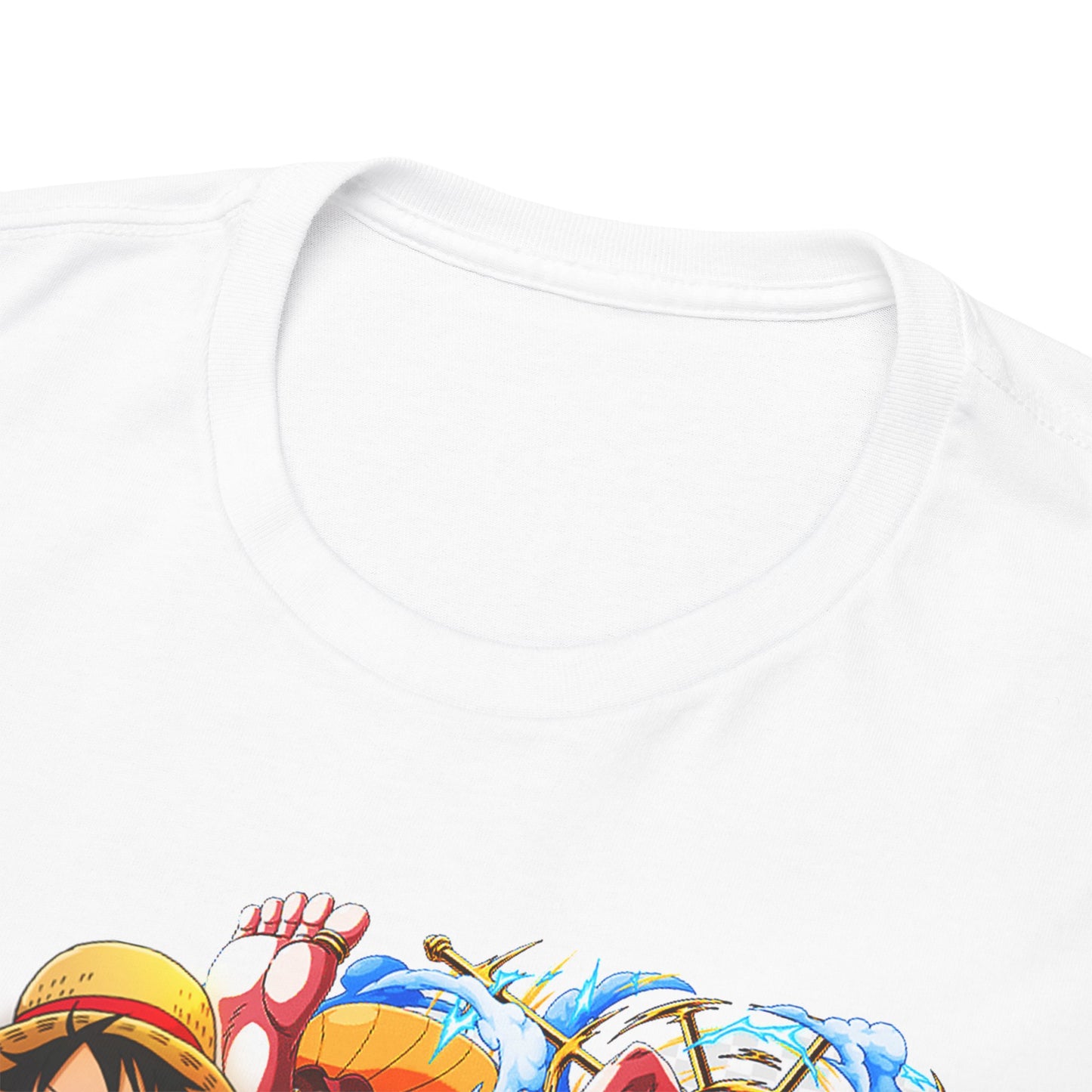 Close-up of a high-quality white t-shirt neckline with stunning anime art, epitomizing comfort and style for fans.