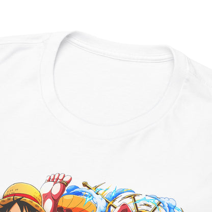 Close-up of a high-quality white t-shirt neckline with stunning anime art, epitomizing comfort and style for fans.