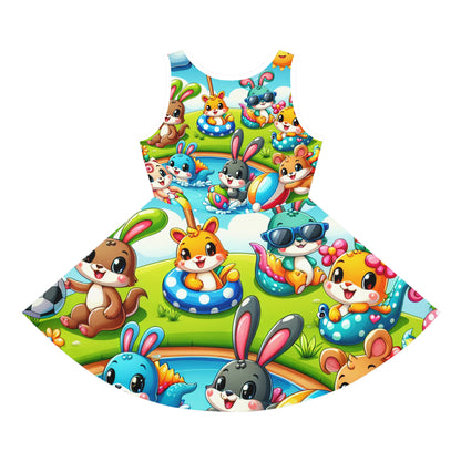 Close-up of the Lila Petitjean Summer Sundress showcasing playful mythical beings and a bright landscape, designed by Dazzling Dreams Studio for an enchanting childhood experience.