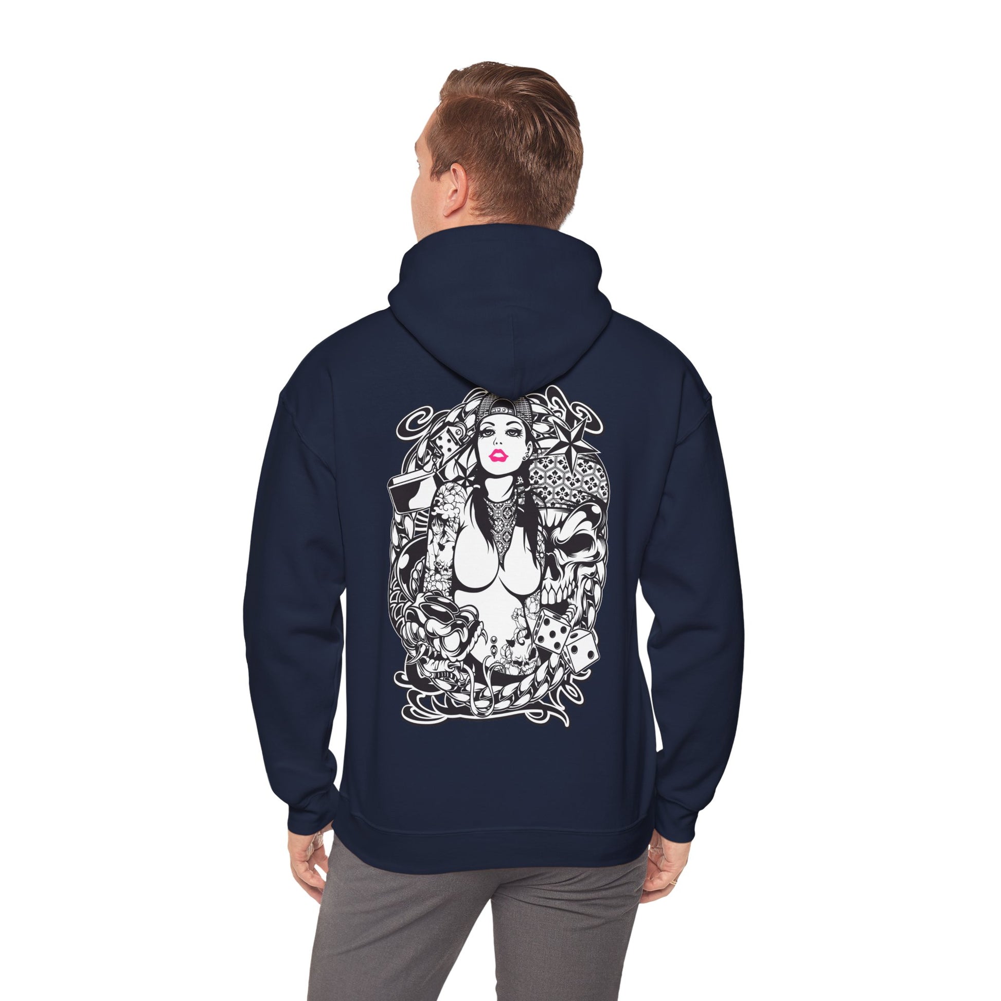 Stylish navy hoodie featuring a bold tattoo-inspired artwork on the back, depicting a fierce woman surrounded by intricate floral and symbolic elements, perfect for making a fashion statement.