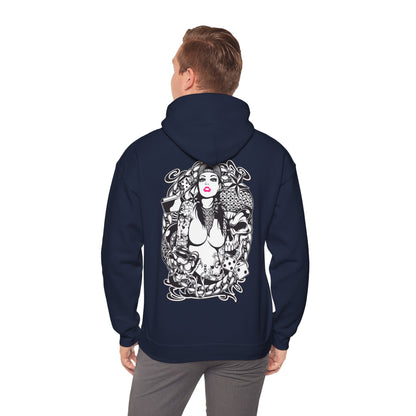 Stylish navy hoodie featuring a bold tattoo-inspired artwork on the back, depicting a fierce woman surrounded by intricate floral and symbolic elements, perfect for making a fashion statement.