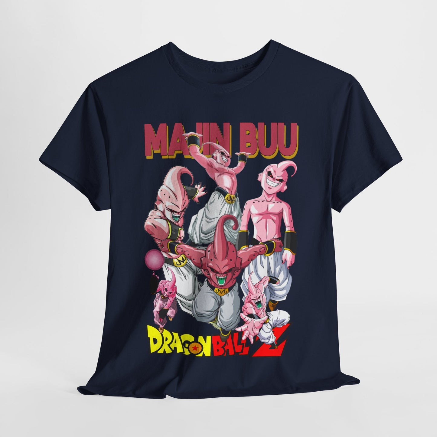 Majin Buu t-shirt elegantly displayed, featuring bold graphics of multiple pinkish-purple characters, underscored by vibrant branding 'MAJIN BUU' and 'DRAGON BALL Z'.