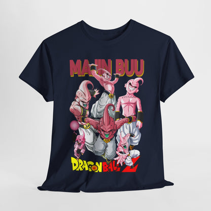 Majin Buu t-shirt elegantly displayed, featuring bold graphics of multiple pinkish-purple characters, underscored by vibrant branding 'MAJIN BUU' and 'DRAGON BALL Z'.