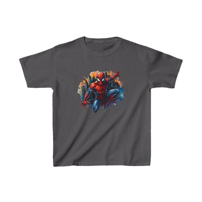 Child's Unleash Your Inner Hero: Spider-Man Unisex Graphic Tee Shirt Kids in sleek charcoal colour showcasing Spider-Man in a dynamic comic-inspired artwork set in a dramatic urban landscape.