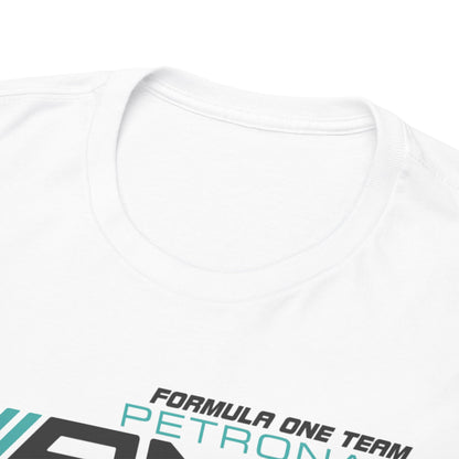 Close-up of the luxurious neckline detailing on a white F1 Petronas t-shirt, featuring vibrant graphics capturing the essence of motorsport.