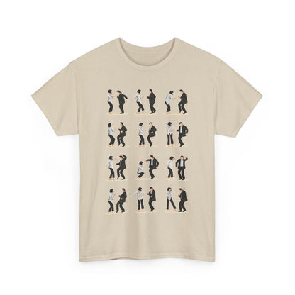 Unisex Pulp Fiction Dance Funny Gift Graphic T-Shirt, featuring a delightful design of couples in synchronized dance moves. Perfect for lovers of cinema and fashion, adding a touch of whimsy to any outfit.