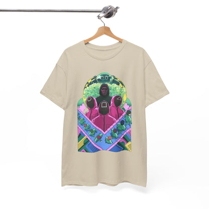Chic beige t-shirt hanging elegantly, showcasing an artistic representation from a famous survival-themed series, a perfect addition to any wardrobe.