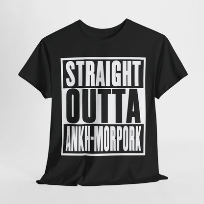 Luxury graphic t-shirt featuring 'STRAIGHT OUTTA ANKH-MORPORK' design, perfect for fans of Discworld. Unisex black cotton tee showcasing bold typography for a statement look.