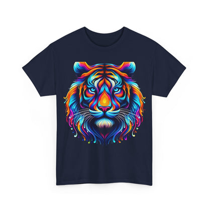 Tiger's Whimsy Graphic Tee in navy blue, adorned with a striking kaleidoscopic tiger illustration, embodying artistic expression.