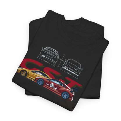 Luxurious Mitsubishi Eclipse GST men's T-shirt showcasing an artistic graphic design, featuring detailed illustrations of the iconic car models with bold CST lettering, perfect for automotive enthusiasts.