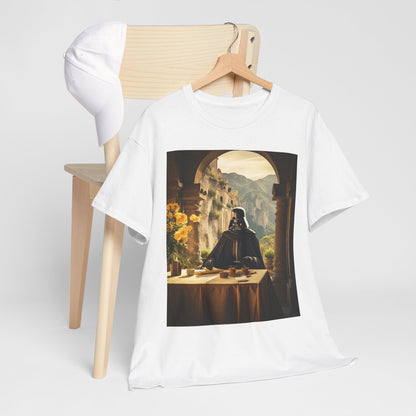 Luxurious Star Wars themed men's t-shirt featuring Darth Vader in a serene setting, showcasing elegance with Mediterranean-inspired décor.