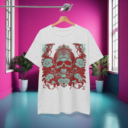 Styled shot of Skulls and Roses Cotton Tee, Unisex Graphic Shirt, displayed in a trendy room setting, highlighting its unique art and fashionable appeal.