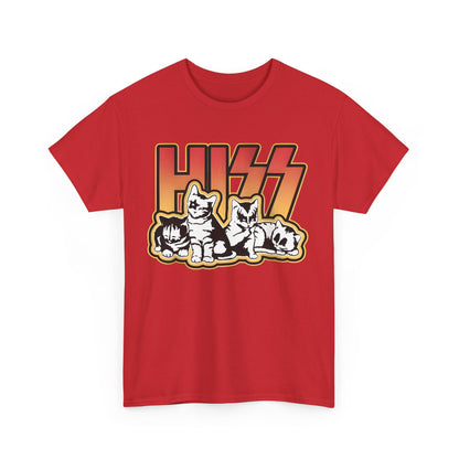 Hiss Cats Rock Band Star Wars Graphic T-Shirt in vibrant red, showcasing the striking 'HISS' typography alongside whimsical cat illustrations, merging edgy style with luxury.