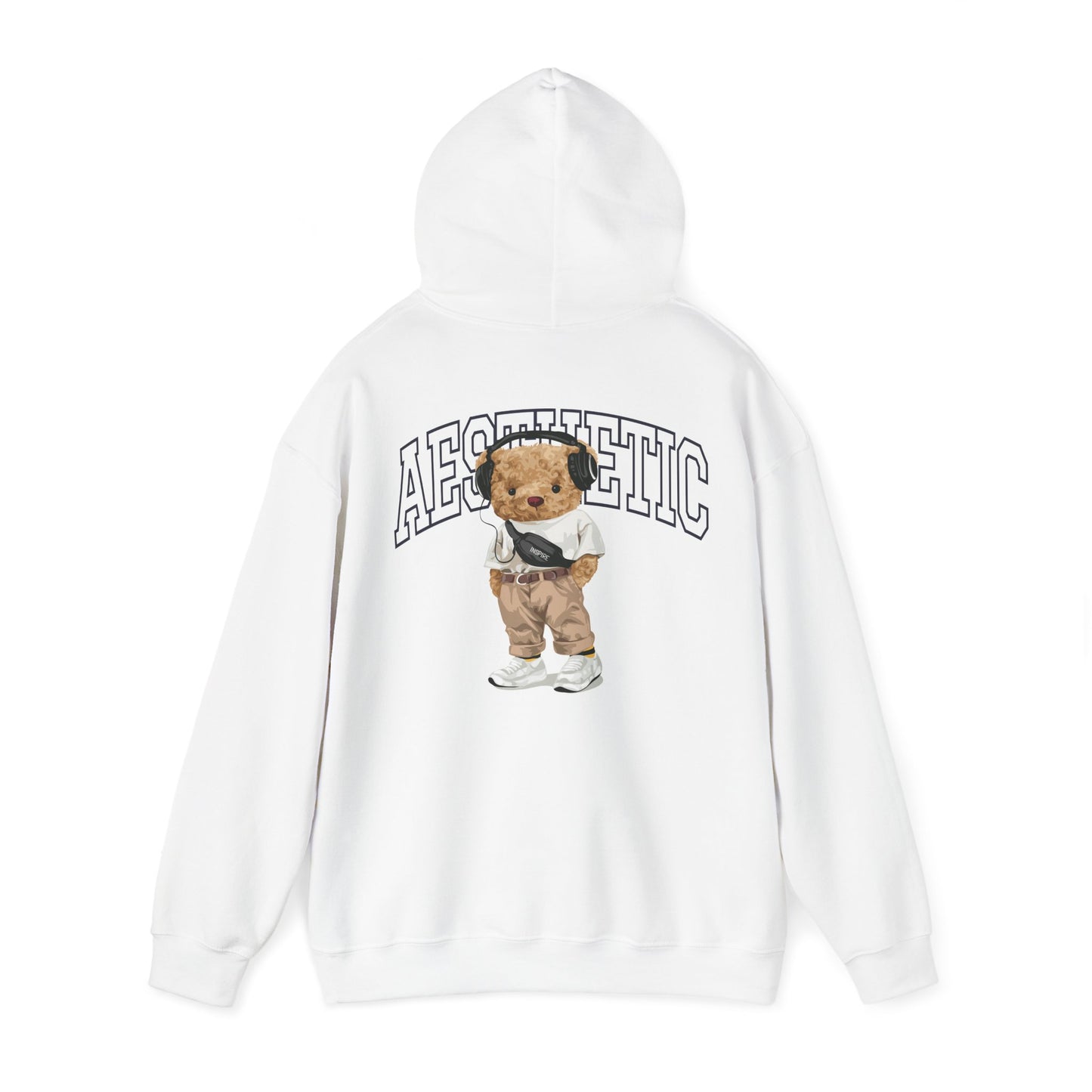 Elegant white hoodie embellished with a cartoon teddy bear design, merging comfort with chic aesthetic charm.