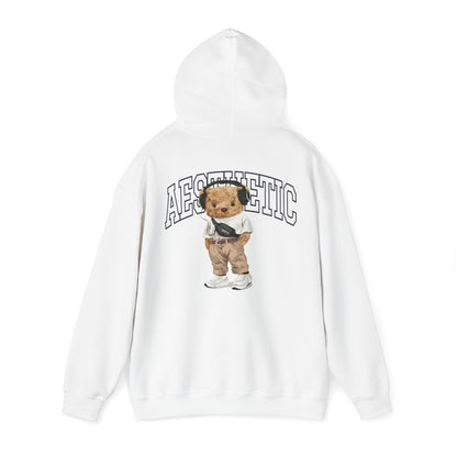 Elegant white hoodie embellished with a cartoon teddy bear design, merging comfort with chic aesthetic charm.